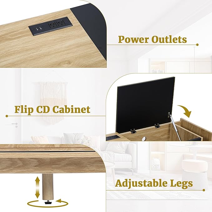 Modern TV Stand for TVs up to 70 Inch, Wood Entertainment Center with CD Storage Cabinet, TV Console Table with 2 Doors and Power Outlets, for Living Room (Natural & Black, 63inch)