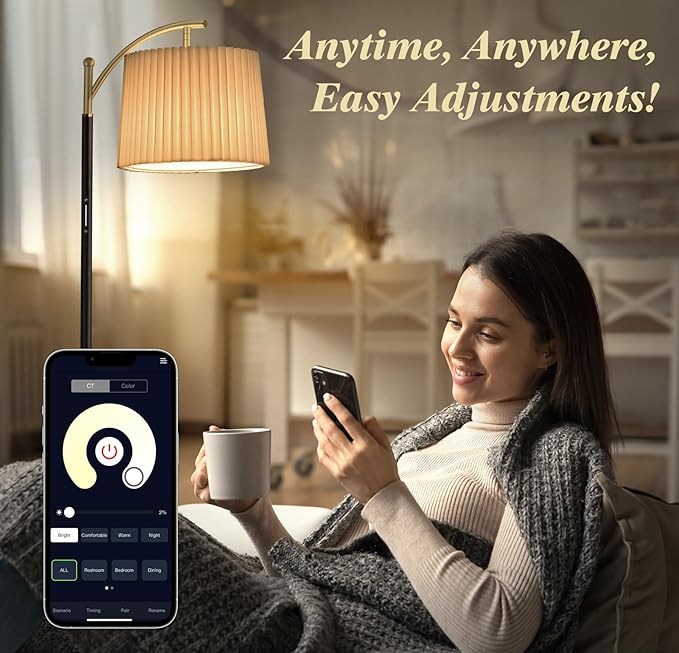 Floor Lamp, LED Floor Lamp with APP & Remote & Touch Control, Stepless Color Temperatures and Brightness, Tall Standing Lamp with Pleated Lampshade for Living Room, Bedroom, Office(Black Gold)