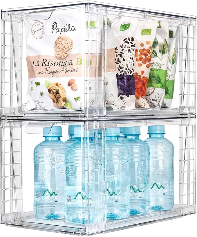 2Pack Large Stackable Kitchen Storage Drawers, Clear Foods Organizer Bins with Handles, Easily Assemble for Bathroom, Kitchen, Pantry, Cabinet, Closet(XL-Down Handle)