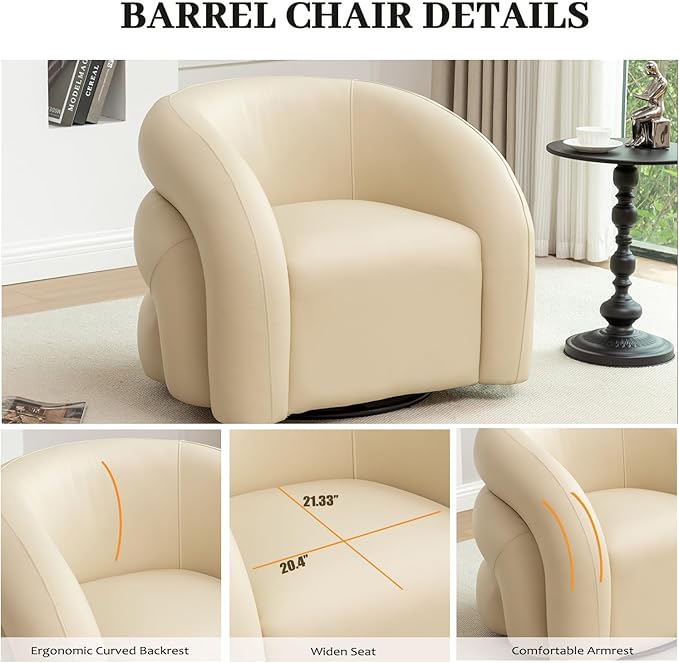 34.6" W Swivel Accent Chair, Modern Round Faux Leather Armchair for Living Room,Upholstered Comfy Sofa Chairs for Bedroom Reading Apartment Lounge,Fully Assembled(Dark Apricot)