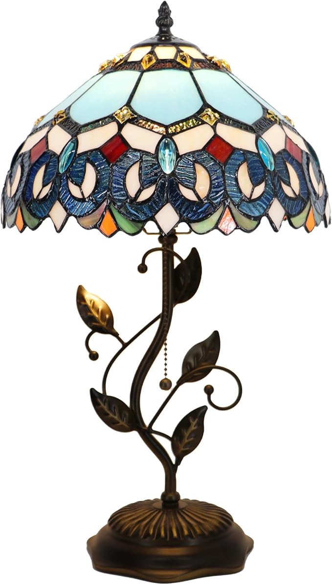 Tiffany Table Lamp, Stained Glass Desk Light, W12H19 Inch, Metal Leaf Base (Sapphire Style)