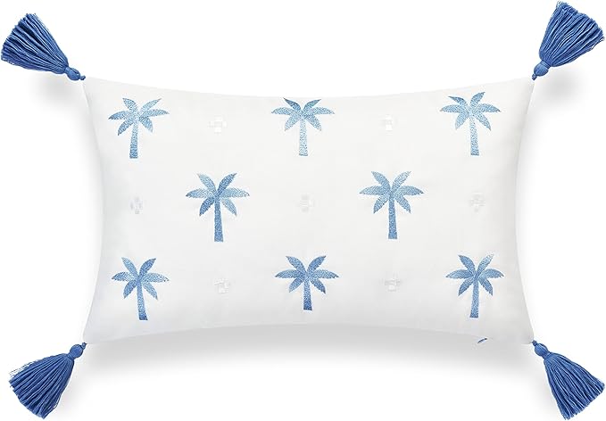 Hofdeco Premium Coastal Hampton Style Patio Indoor Outdoor Lumbar Pillow Cover Only, 12"x20" Water Resistant for Backyard, Couch, Baby Blue Embroidered Palm Tree Tassel