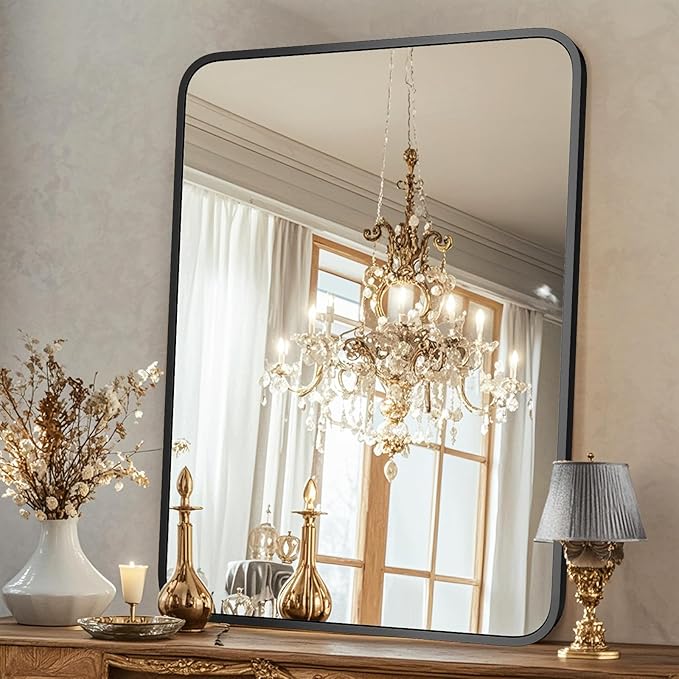 22"×30" Bathroom Mirror for Wall, Modern Bathroom Vanity Mirror, Black Bathroom Mirrors for Over Sink with Metal Framed HD Tempered Glass Hangs Horizontally or Vertically