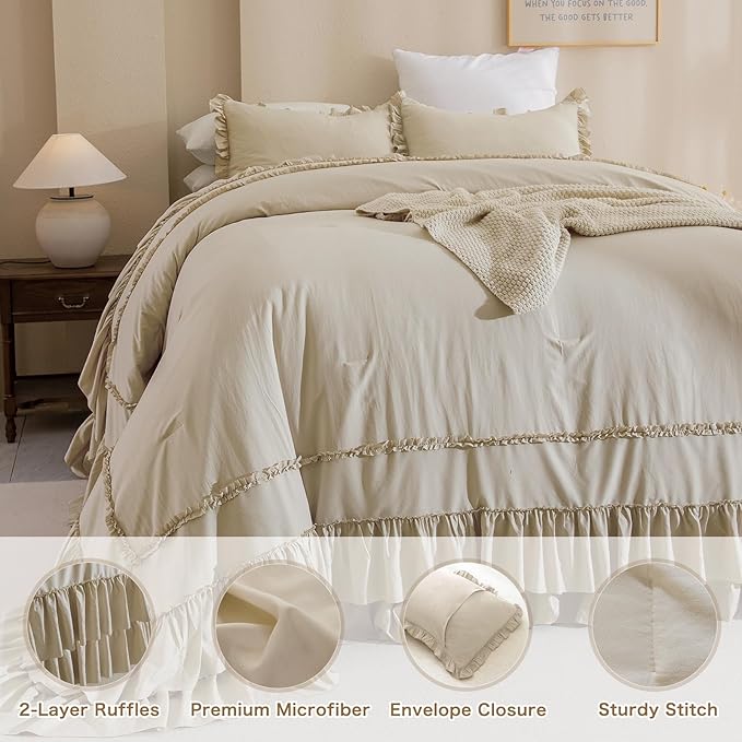 QSH Wheat Oversized California King Bed Comforter Set 128x120, Farmhouse Shabby Vintage Bedding Comforter with Ruffles French Country Comforter Soft Microfiber Fluffy Bedding 3 PCs