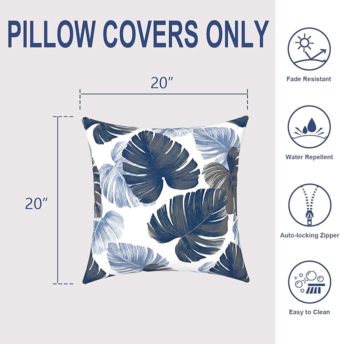 Pack of 2 Patio Throw Pillow Covers ONLY, Water Repellent Cushion Cases 20x20 Inch, Square Pillowcases for Outdoor Couch Decoration, Monstera Blue