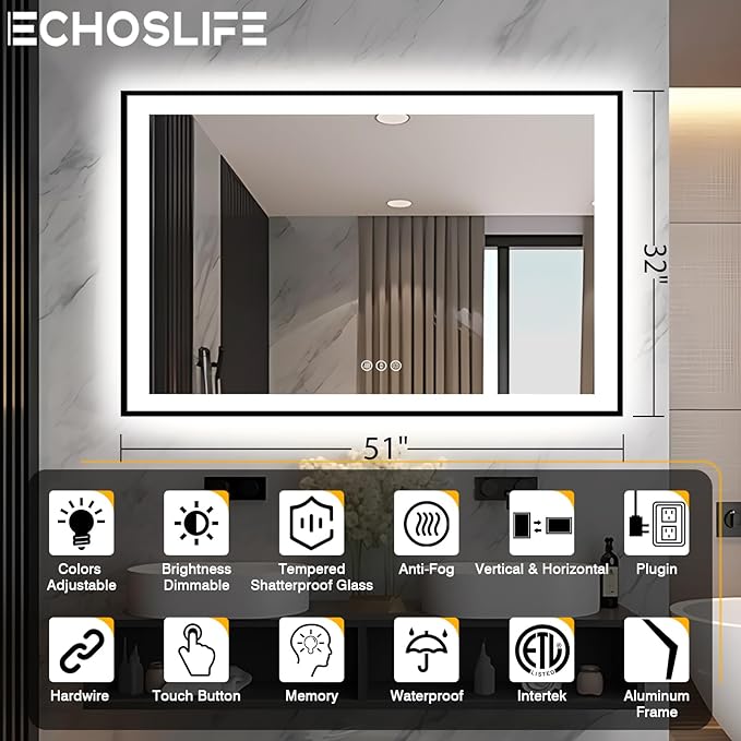 51x32 LED Lit Bathroom Mirror - Black Framed, Front and Backlit LED Lighted, Anti-Fog Bathroom Mirror with Lights, 3 Colors Stepless Dimmable Mirror, Touch Sense (Horizontal/Vertical)
