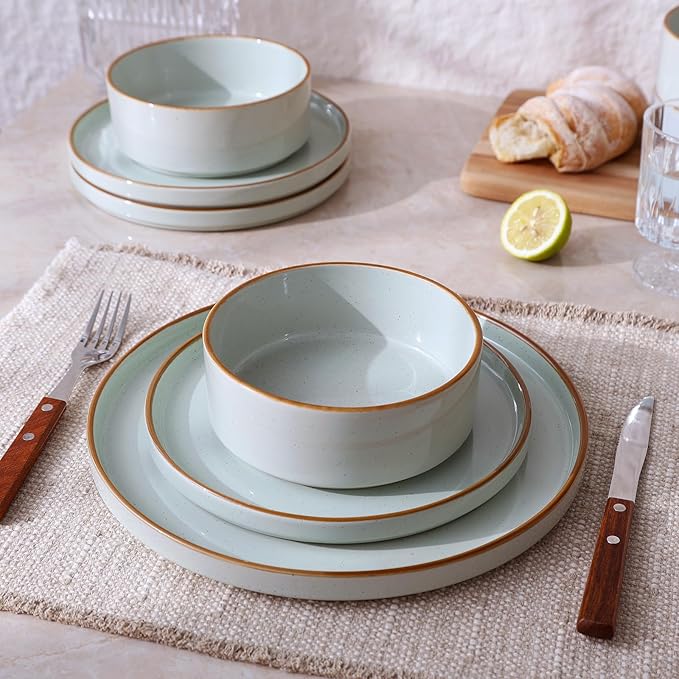 Famiware Nebula Plates and Bowls Sets for 4, 12 Pieces Stoneware Dinnerware Set, Microwave and Dishwasher Safe Dishes Set, Light Green with Brown Rim