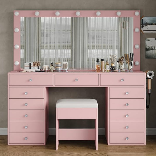 55'' Vanity Desk, Makeup Vanity with Charging Station, 13 Drawers with Lighted Mirror, 3 Lighting Modes, Brightness Adjustable, Glass Top, Vanity Table with Chair for Bedroom, Pink