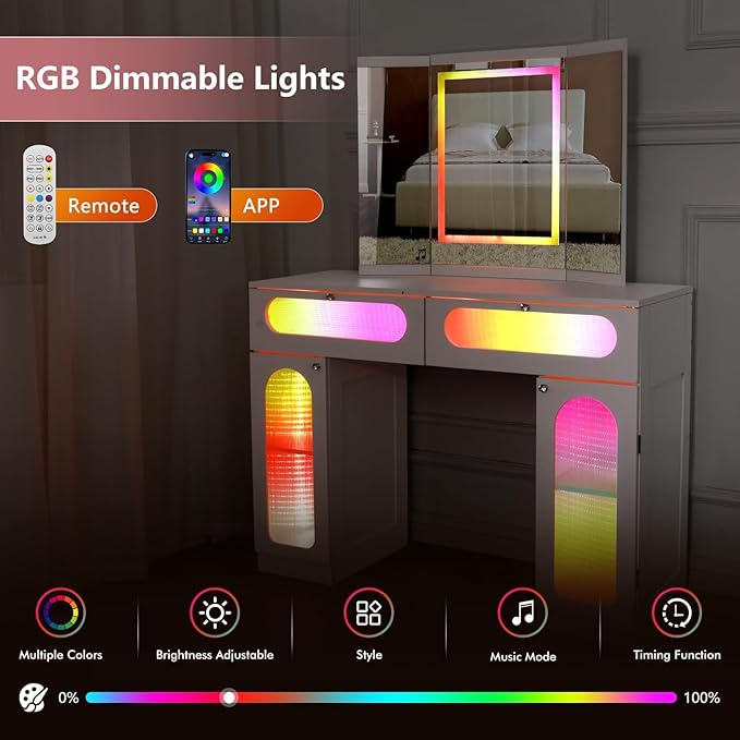 Vanity Desk with Tri-Fold Mirror and Lights, LED Makeup Vanity with 2 Drawers, 2 Doors Storage, Gifts for Girls/Women (White)