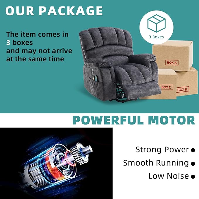 MEETWARM Large Power Lift Electric Recliner Chair with Massage and Heat, Overstuffed Wide Recliner for Elderly Big People, Plush Fabric Recliners with USB Ports, 2 Remote Controls, Side Pockets（Gray）