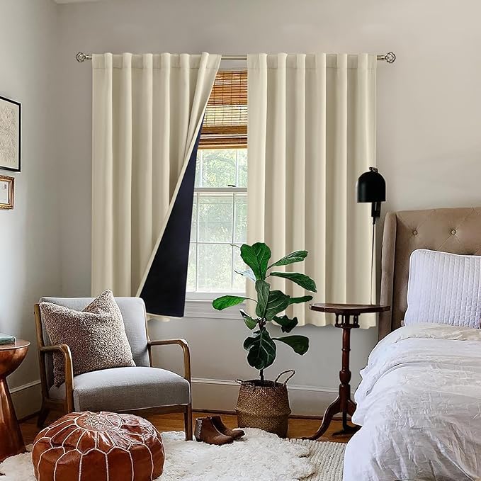 BGment Beige Short Full Blackout Curtains with Thermal Insulation Liner Curtains 45 Inches Long，Rod Pocket and Back Tab Double Layer Room Darkening Window Curtains for Bedroom(52 x 45 Inch, 2 Panels)