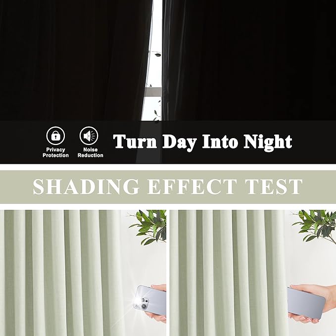 Vision Home Soft Green Pinch Pleated Full Blackout Curtains Linen Blended Room Darkening Window Panels 108 inch for Living Room Bedroom Thermal Insulated Pinch Pleat Drapes with Hooks 60" Wx108 Lx1