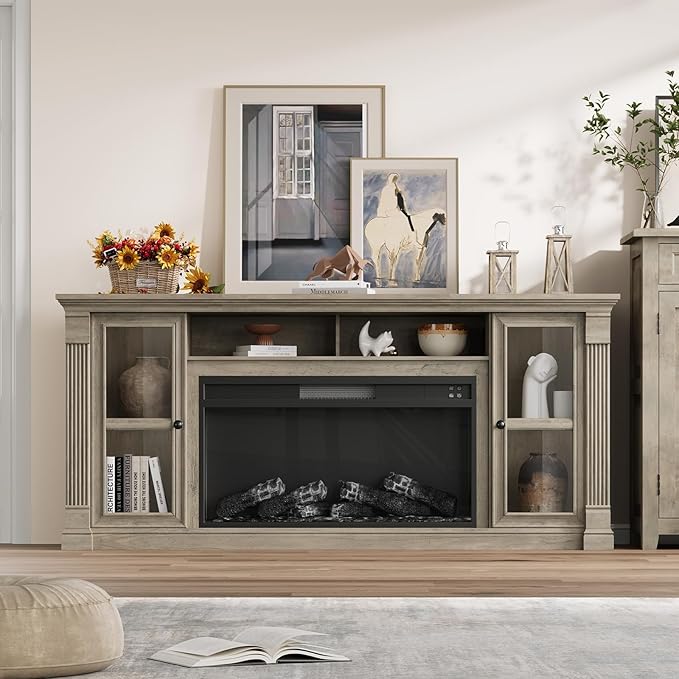 Farmhouse Fireplace TV Stand Up to 80" TVs, 70" Modern Highboy Entertainment Center with 36" Electric Fireplace & LED Lights, Media Console with Adjustable Shelves for Living Room, Gray