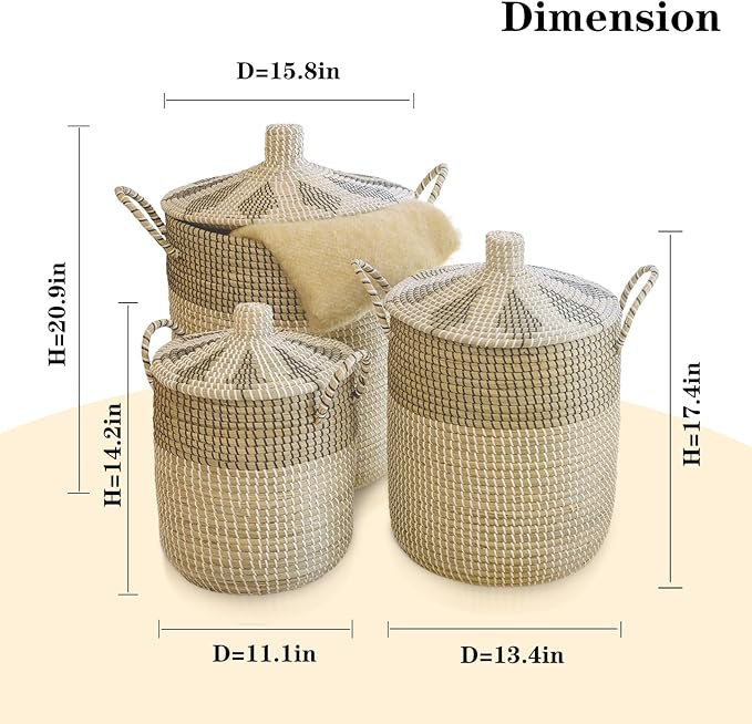 3 Pack Laundry Baskets Hamper, Seagrass Handwoven Storage Basket with Lid Handles, Natural Vietnamese Woven Decorative Wicker Clothes Hamper, Suitable for Any Home Style, Gifts for Friends