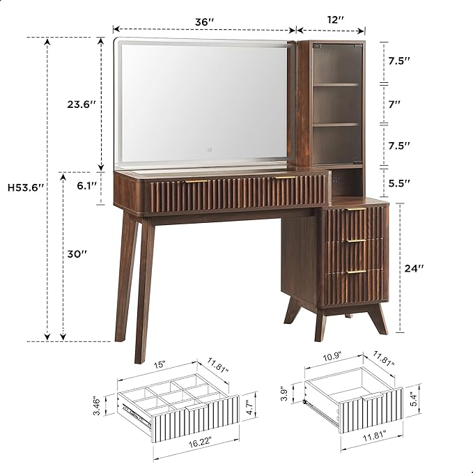 T4TREAM 48" Fluted Makeup Vanity Desk with Large 36" Mirror and Lights, Modern Glass Top Big Vanity Table w/5 Drawers & Adjustable Shelves, Dressing Table w/Charging Station for Bedroom, Dark Walnut