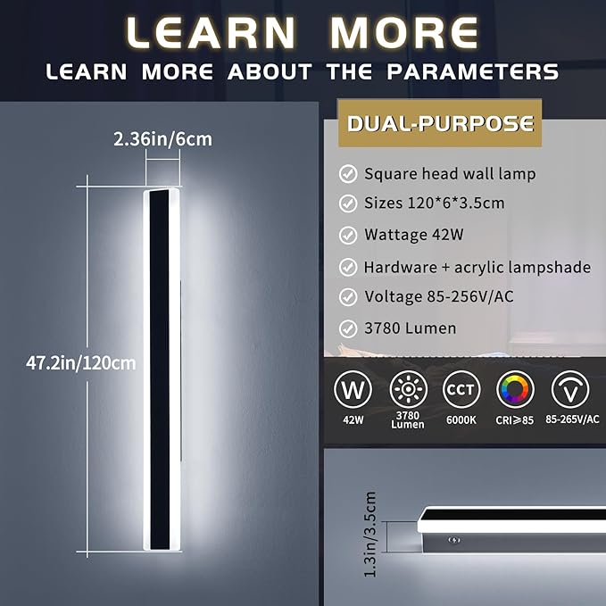 Mikeru 47.2inch Long Led Wall Light, 6000k Cool White Modern Outdoor Wall Light Ip65 Waterproof Black Acrylic Porch Exterior Lighting Fixtures, Exterior Wall Mount Lights for Garage Front Door