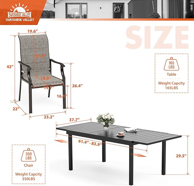 7 Piece Patio Dining Sets for 6, Metal Outdoor Table and Chairs Set with Extendable Rectangular Patio Dining Table and 6 Patio Dining Chairs, Outdoor Dining Set for Backyard Deck Lawn