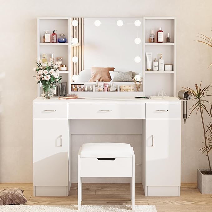 Vabches Makeup Vanity Table with Lighted Mirror & Power Strip, Large Vanity Set Vanity Desk with Lots Storage, 3 Lighting Modes, Brightness Adjustable, 45.2in(L)