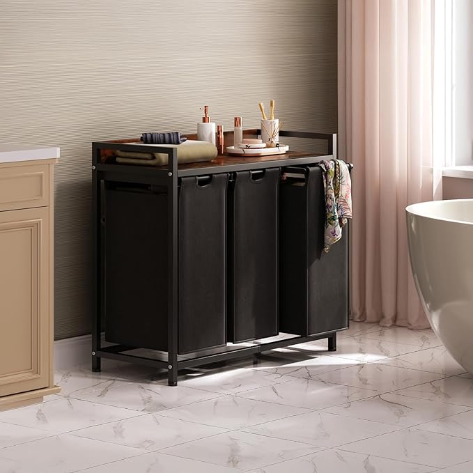 Laundry Hamper with Shelf, Laundry Basket 3 Section, Laundry Sorter with Pull-Out Removable Large Bags and Movable Wheels, Metal Frame, 3 x 15.87 Gallons (60L), Rustic Brown + Blck PF04XLY