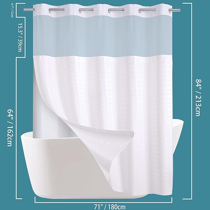 Extra Long No Hook Shower Curtain with Snap in Liner Set, Hotel Luxury White Shower Curtains for Bathroom with See Through Top Window, Waterproof, Washable 71W x 84H