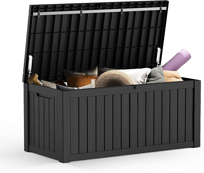 Mars Villa 119 Gallon Outdoor Storage Box, Large Resin Deck Box Waterproof, Storage Bin for Outside Patio Furniture Cushions, Pool Supplies, with Hydraulic Hinge, UV Resistant and Weatherproof, Black