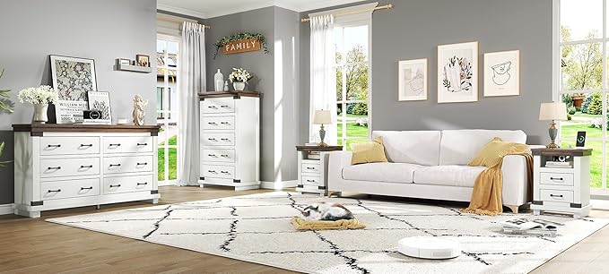 AMERLIFE Farmhouse 5 Drawers Dresser Chests for Bedroom, 48" Tall Wood Rustic Chest of Drawers/w Thick Plank Styling, Heavy Duty Closet Storage Dresser Organizer, Living Room, Hallway, Antique White