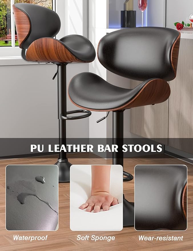 Bar Stools Modern PU Leather Adjustable Swivel Barstools, Kitchen Counter Bar Stool, Island Barstool with Back Set of 2(Black)