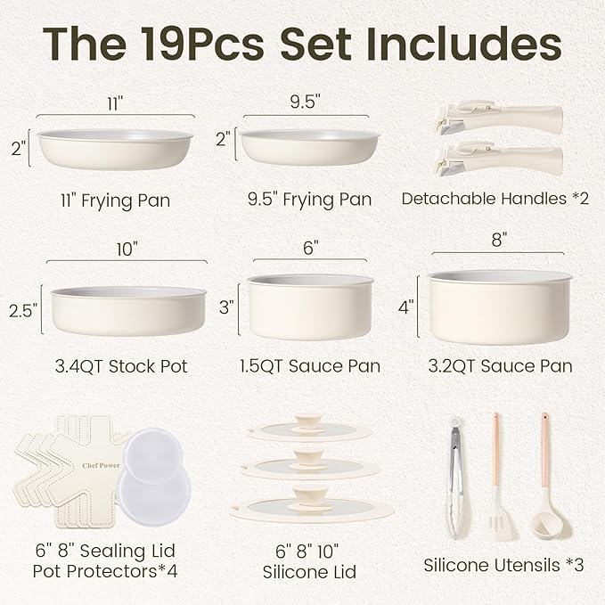 Chef Power Ceramic Nonstick Pots and Pans Set 19 Piece with Detachable Handle, Induction Dishwasher Oven Safe Cookware Set, RV Kitchen Set Removable Handle, Granite Grey and White