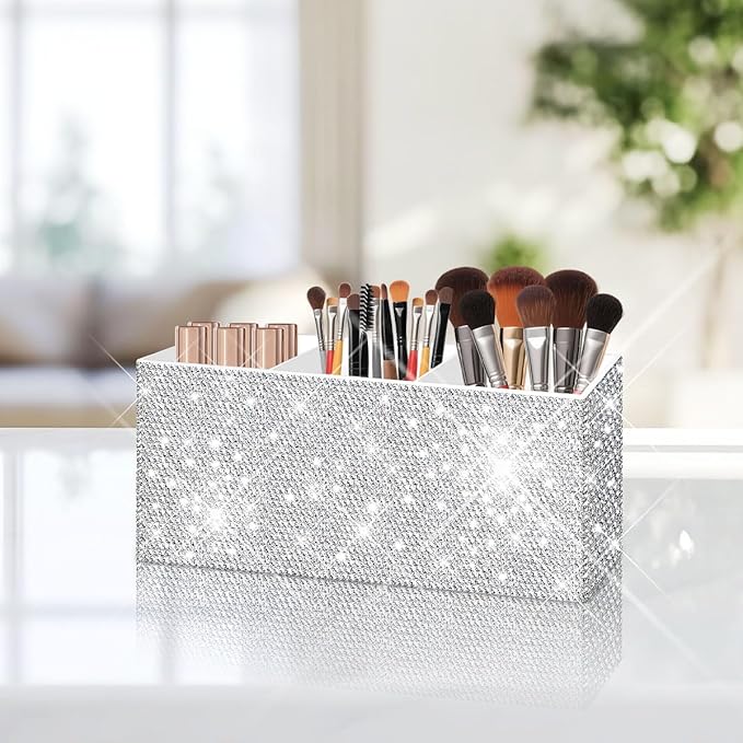 Bling Makeup Brush Holder Organizer, 3 Slot Sparkle Cosmetics Brushes Storage Holders with Shiny Crystal Rhinestones, Glitter Cute Pen and Pencil Holder for Desk, Eyeliners Display Case for Vanity