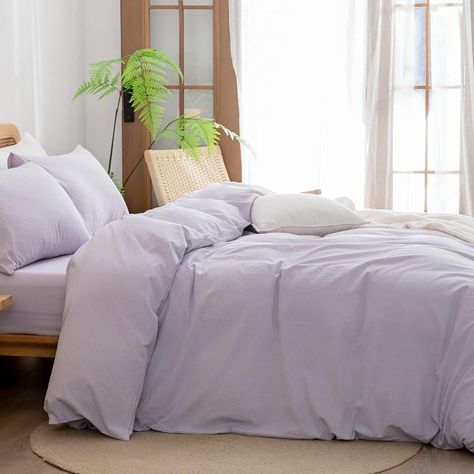 BESTOUCH Duvet Cover Set 100% Washed Cotton Linen Feel Super Soft Comfortable Chic Lightweight 3 PCs Home Bedding Set Solid Taro Purple Queen