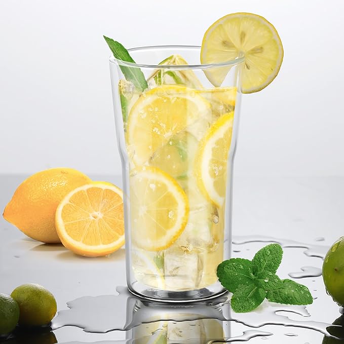 Joeyan Glass Double Walled Beer Drinking Glasses Tumbler 16 oz, Double Layer Tall Borosilicate Insulated Water Cocktail Glass Cups, Double Lined Thermo Tea Coffee Hot Beverage Glassware, Set of 2