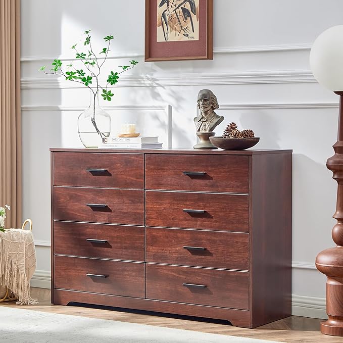 LIDYUK Dark Cherry Dresser for Bedroom, 8 Drawer Dressers & Chests of Drawers, Modern Wood Dresser, 48 Inches Wide Chest of Drawers for Bedroom, Hallway, Living Room