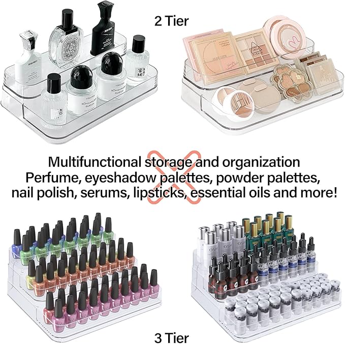 2 Tier 4 rows Nail Polish Organizer Acrylic Display Stand for Nail Polish Holder 2 pack, Nail Art Supplies Storage Rack for Essential Oils, Makeup Brushes, Jewelry, Clear Acrylic Display Case