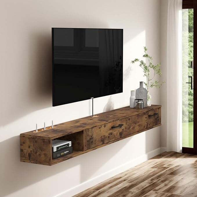 Pmnianhua Farmhouse Floating TV Stand with 2 Doors,47'' Under TV Shelf Floating,Wall Mounted TV Shelf,Rustic Floating TV Console for Under TV(Rustic Brown)