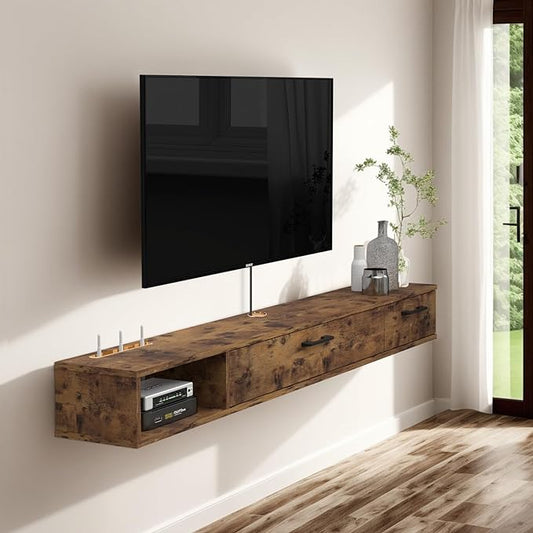 Pmnianhua Farmhouse Floating TV Stand with 2 Doors,66'' Under TV Shelf Floating,Wall Mounted TV Shelf,Rustic Floating TV Console for Under TV(Rustic Brown)
