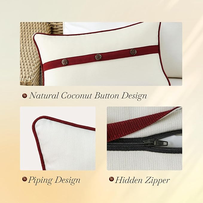 Outdoor Sunbrella Decorative Pillows with Triple Coconut Buttons Pack of 4, 20" x 12" Outdoor Pillow Set for Couch Bed Throw Patio Sofa, Spectrum Eggshell/Spectrum Ruby