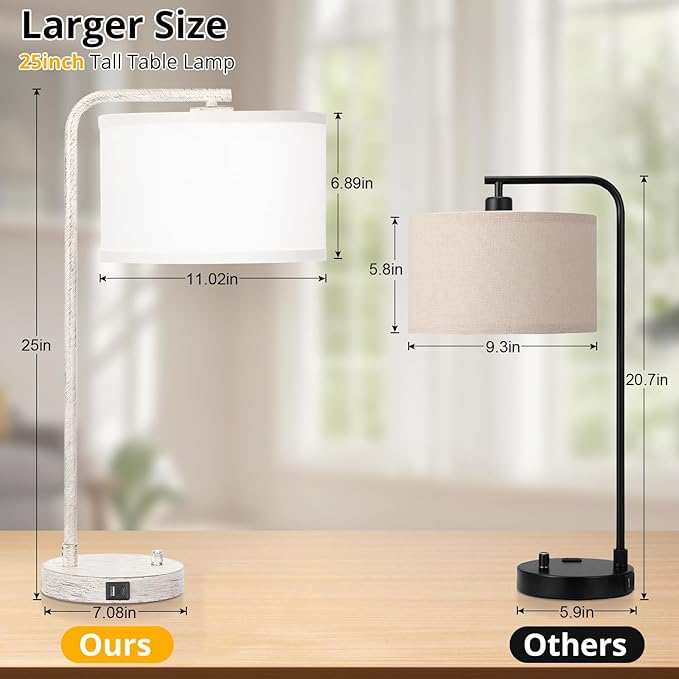 Bedside Table Lamp with USB C+A Charging Ports, Fully Stepless Dimmable Modern Farmhouse Nightstand Lamp, Tall Reading Desk Lamp for Bedroom, Living Room, Office, 9W LED Bulb Included
