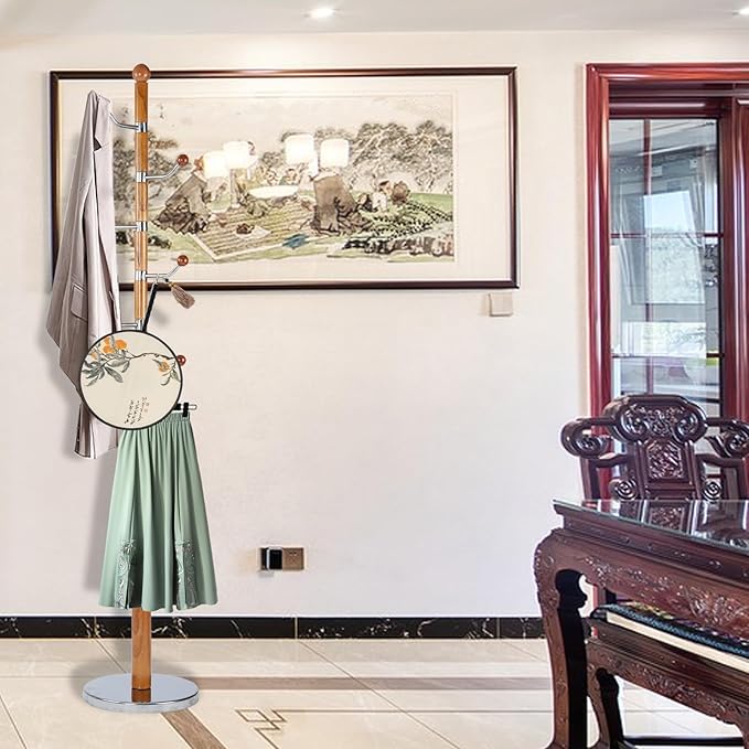 Coat Rack Freestanding, Wooden Tree Coat Rack Stand with 3 Adjustable Sizes Coat Tree and 14 Hooks, Sturdy Hall Tree with Solid Round Base for Entryway, Hallway,Bedroom (Solid Wood Metal Hook)