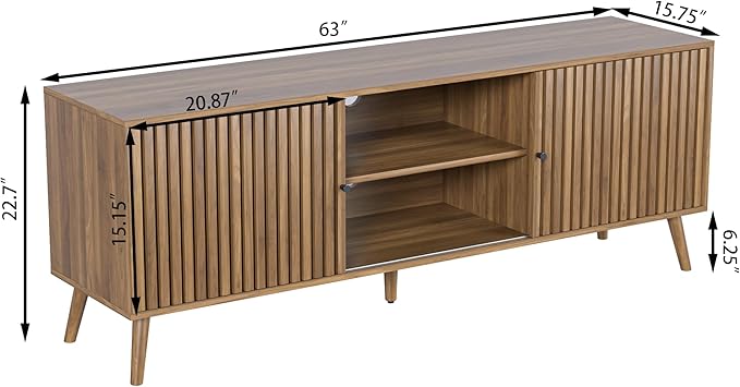 Mid Century Modern TV Stand for Televisions up to 70 Inches, with Sliding Doors and Storage, Television Stands, TV Consoles, Media Consoles for Living Room, 63 Inch (Walnut)