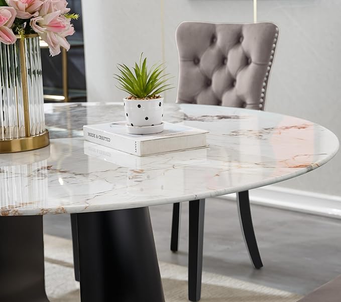 5-Piece Faux Marble Round Dining Table Set for 4, Modern Luxury Kitchen Table Set for 4 with Beige Tufted Chairs,Circle Dining Tables with Pandora Grain Top and Black Pedestal Base