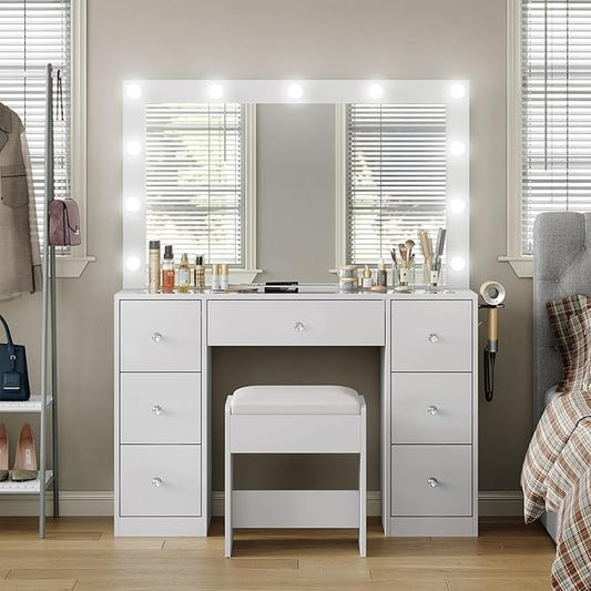Vanity Desk with Mirror, Makeup Table with Power Outlet and 11 Lights, Set 3 Lighting Modes Brightness Adjustable, Vanity Table with 7 Drawers and Cushioned Stool for Bedroom, Dressing Room (White)