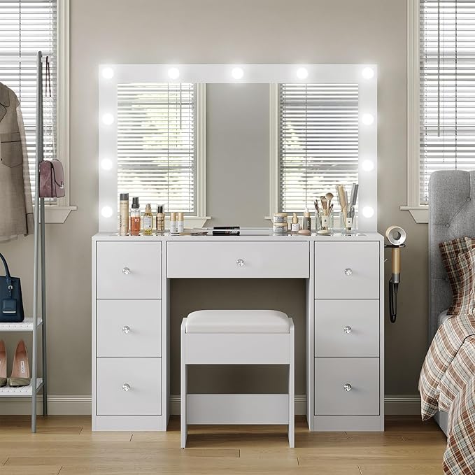 Vanity Desk with Mirror and Lights, Makeup Vanity Desk with Lights 3 Colors, Reinforced Glass Vanity, Makeup Vanity with 11 Storage Drawer (White, 7 Drawers)