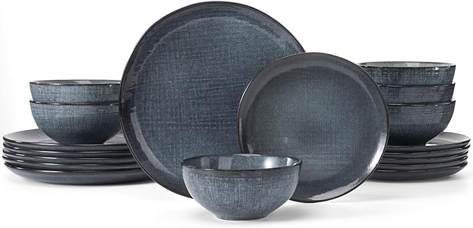 Famiware Moonlight Plates and Bowls Sets, 18 Pieces Stoneware Dinnerware Sets with Linen Finish, Handmade Dishware set for 6, Microwave and Dishwasher Safe, Scratch Resistant Tableware, Dark Blue