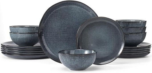 Famiware Moonlight Plates and Bowls Sets, 18 Pieces Stoneware Dinnerware Sets with Linen Finish, Handmade Dishware set for 6, Microwave and Dishwasher Safe, Scratch Resistant Tableware, Dark Blue