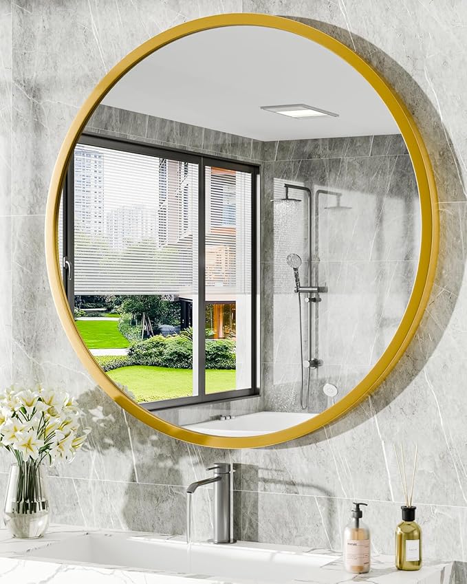 Round Bathroom Mirror 30" X 30" Wall Mount Dresser Metal Frame Mirror Over Sink Vanity Hungs Horizontally Or Vertically for Bedroom, Entryway, Living Room,Gold