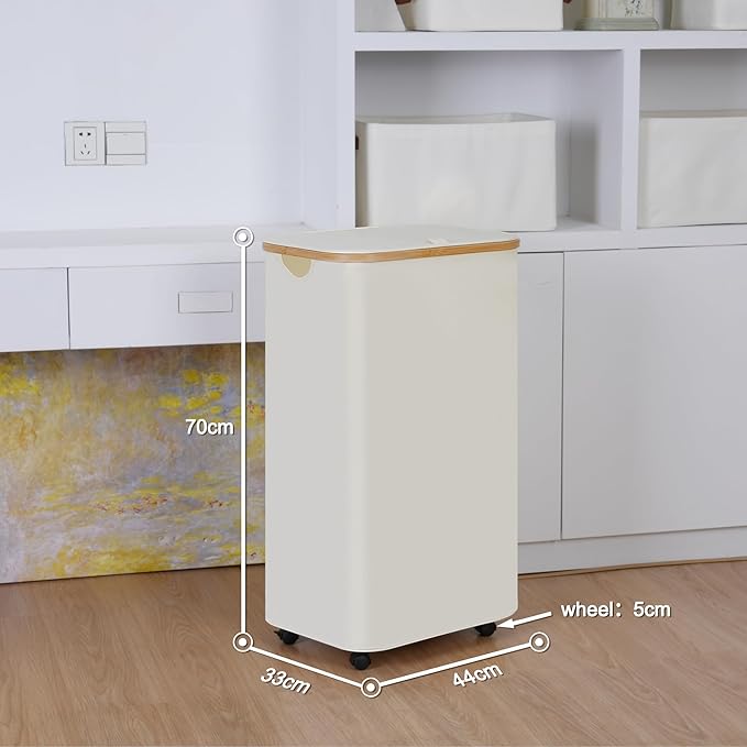 Laundry Basket with Wheels,100L Hampers for Laundry,Large Laundry Hamper with Lid and Bamboo Handles,Collapsible & Waterproof Tall Cloth Hamper for Dormitory Family，Beige