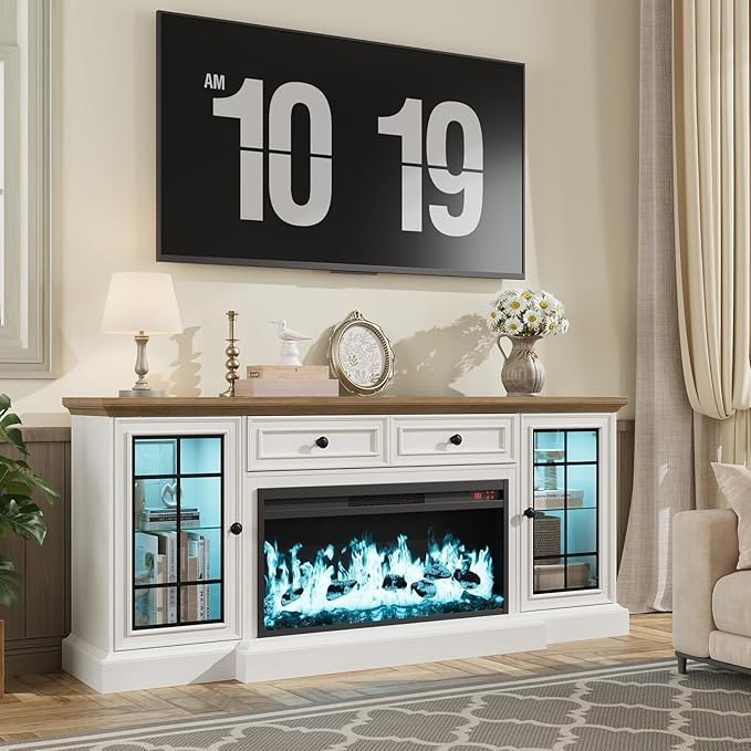 Fireplace TV Stand Up to 80" TVs, 70'' Modern Entertainment Center with 36" Electric Fireplace & LED Lights, Farmhouse Media Console with Storage Cabinet & Drawer for Living Room, Antique White