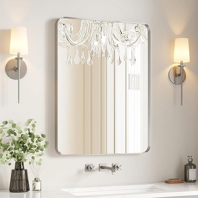 USHOWER Brushed Nickel Bathroom Mirror 24"x36", Silver Rectangle Mirror for Over Sink, Rounded Corner, Aluminum Frame, Anti-Rust, Tempered Glass, Horizontal or Vertical Mounted