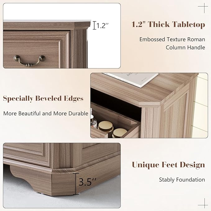 Farmhouse 48" Tall 5 Drawers Dresser for Bedroom, Wood Rustic Chest of Drawers with Corner Bevel Shape, Closet Storage Dressers Organizer for Bedroom, Living Room, Hallway, Grey Walnut