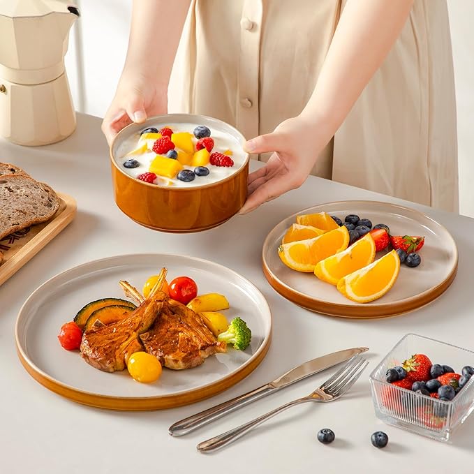 vancasso ONION Ceramic Plates and Bowls Sets, 12 Pieces Grey Dinnerware Sets for Kitchen, Reactive Glaze Dishes Set for 4, Dishwasher and Microwave Safe